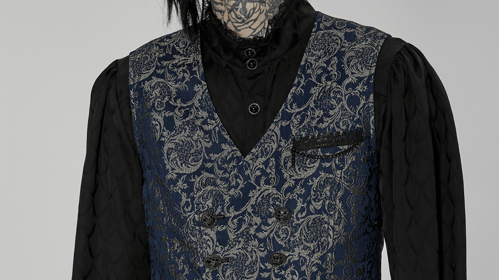Elegant navy jacquard vest with baroque patterns and sleek design, perfect for gothic style lovers.