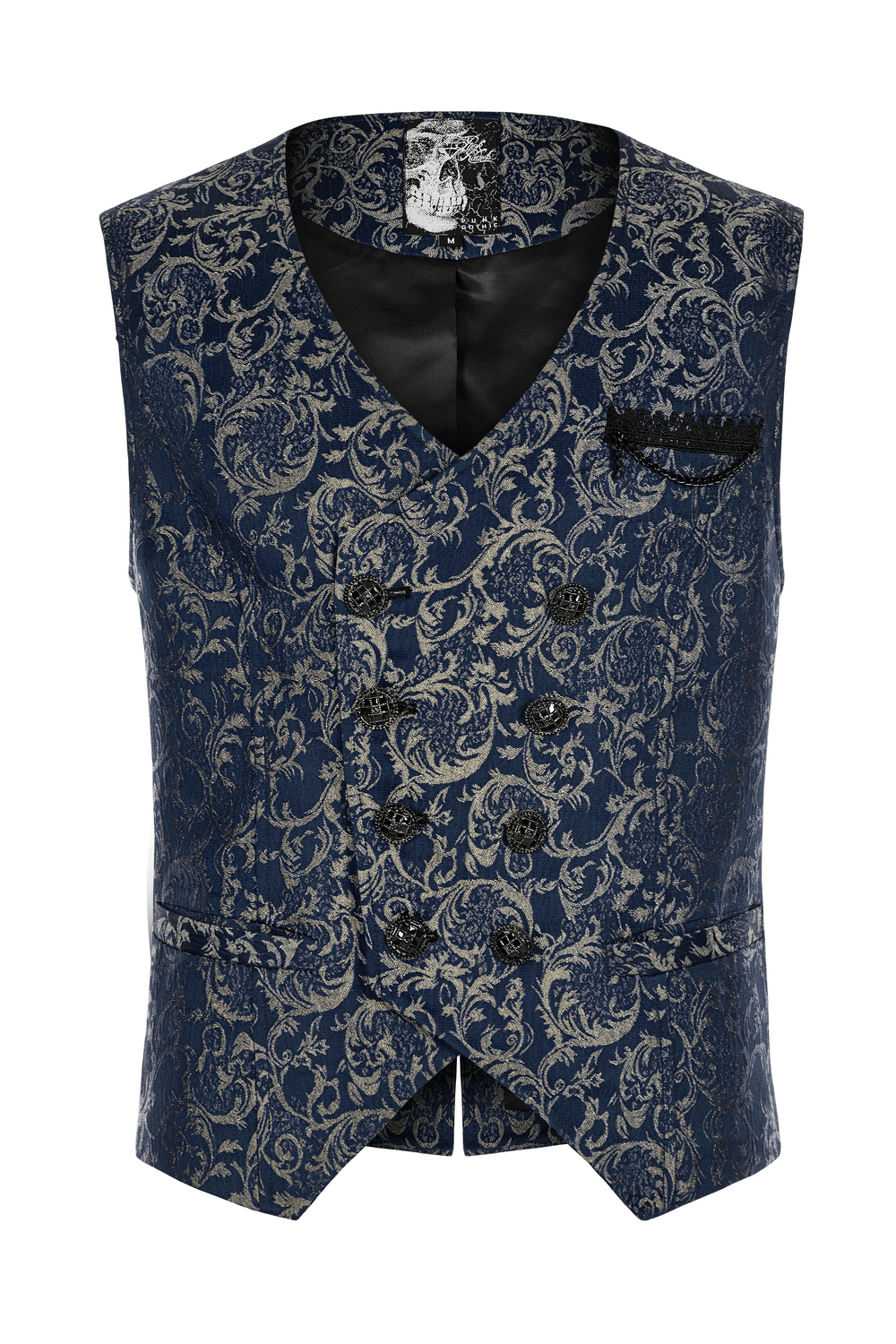 Elegant navy jacquard tailored vest with intricate baroque pattern and hand-sewn buttons.