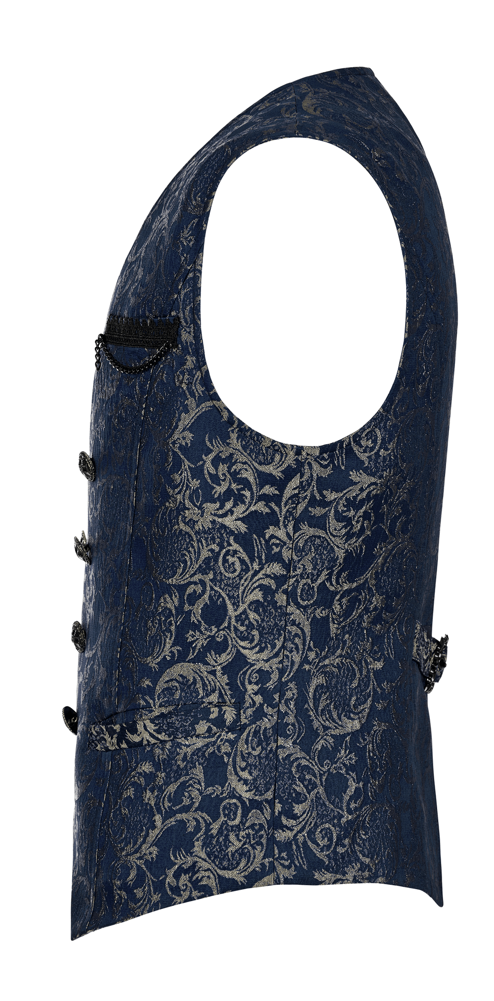 Elegant navy jacquard tailored vest with intricate baroque patterns, perfect for sophisticated Goth style.