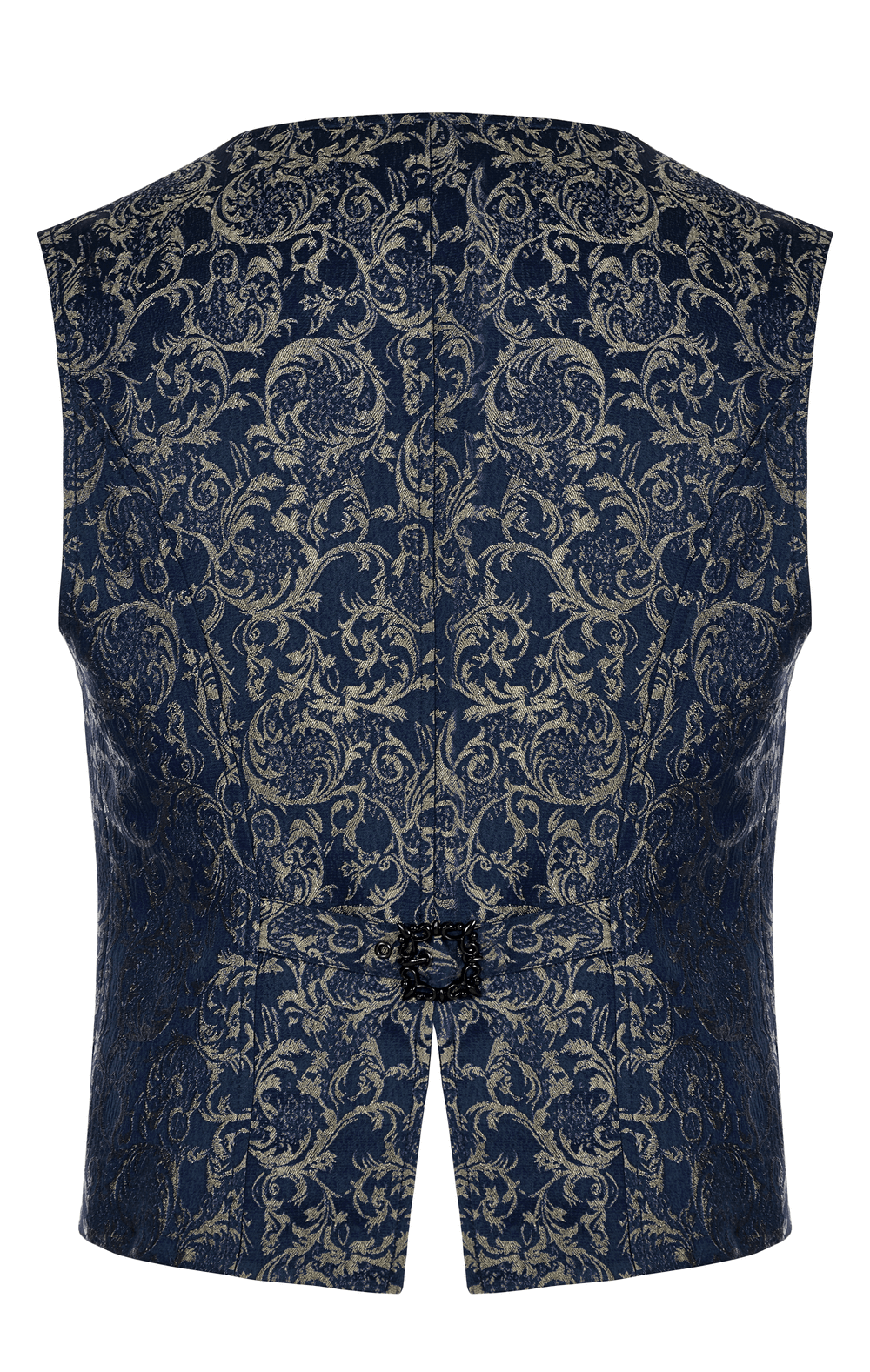 Back view of a baroque-inspired navy jacquard tailored vest featuring a 3D pattern and elegant detailing.