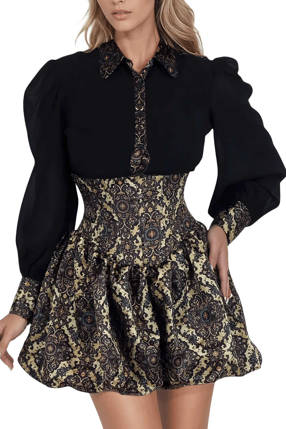 Baroque print gothic corset dress with bubble skirt, featuring black top and gold navy embellished skirt.