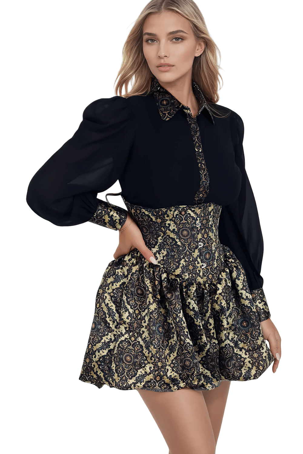 Gothic Baroque corset dress with bubble skirt, featuring ornate gold and navy print and black long sleeves.