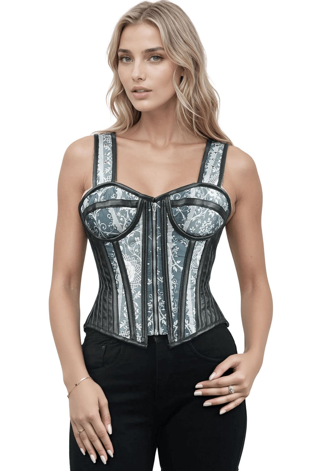 Baroque Print Overbust Corset with Faux Leather Trim worn by a model, showcasing vintage style and modern design.