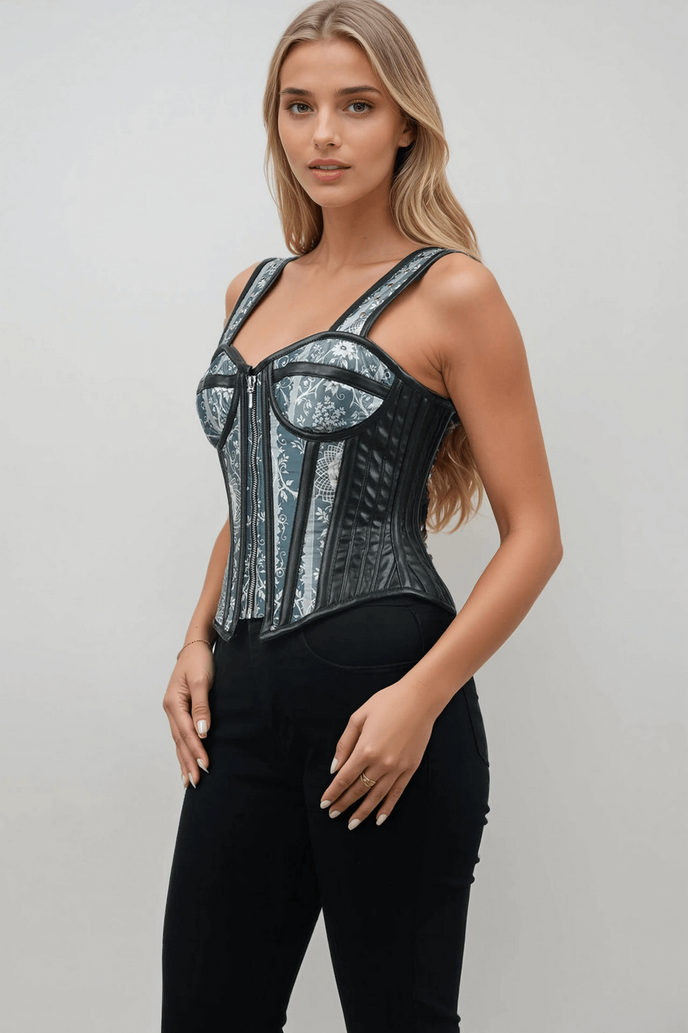 Baroque Print Overbust Corset with Faux Leather Trim showcasing its vintage charm and modern appeal in gray.