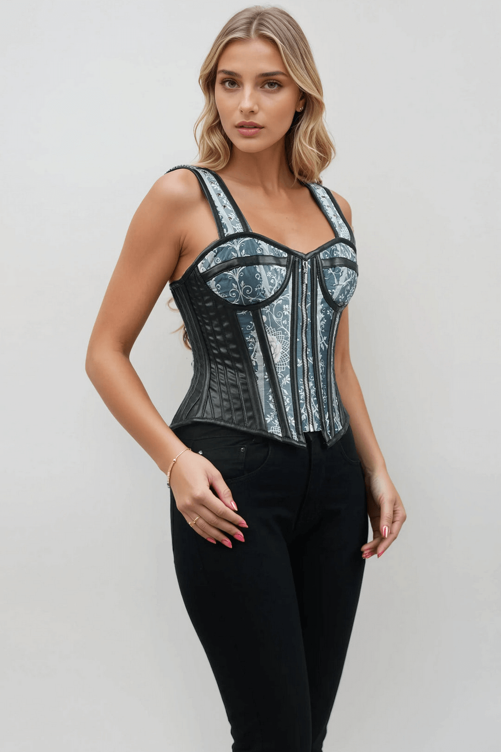 Baroque Print Overbust Corset with Faux Leather Trim modeled by a woman, showcasing its vintage design and flattering fit.