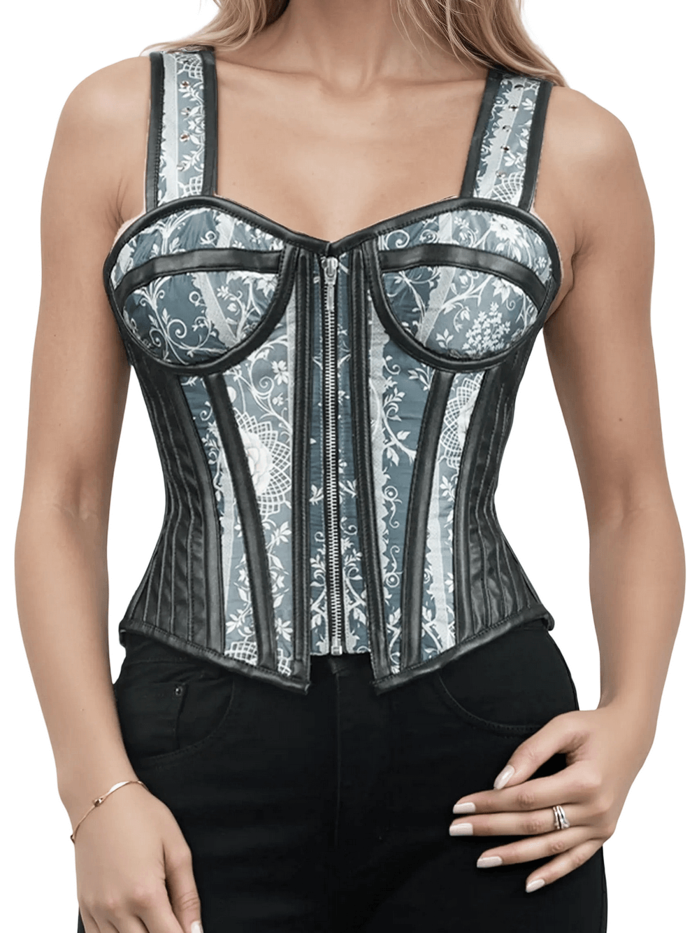 Baroque Print Overbust Corset with Faux Leather Trim featuring vintage design and wide straps.