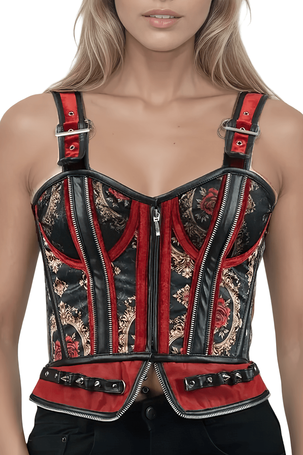 Baroque Red Rose Corset with Faux Leather and Velvet Accents in bold red and black design with intricate floral patterns.