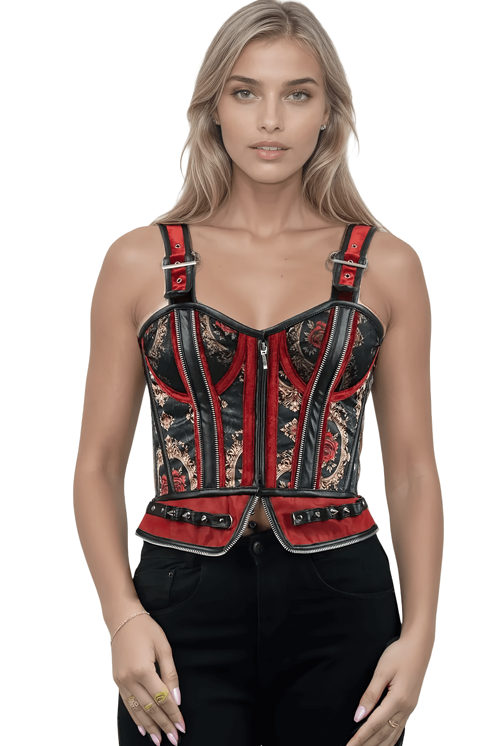 Baroque Red Rose Corset with Faux Leather and Velvet Accents showcasing gothic charm and modern luxury in black and red.
