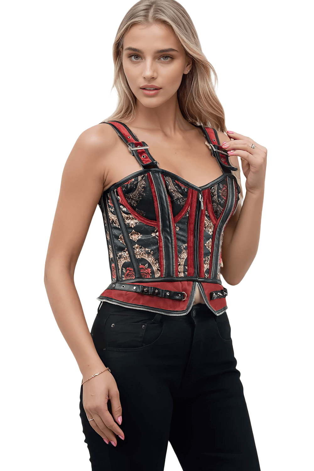 Baroque Red Rose Corset with Faux Leather and Velvet Accents worn by model showcasing gothic and luxury design.
