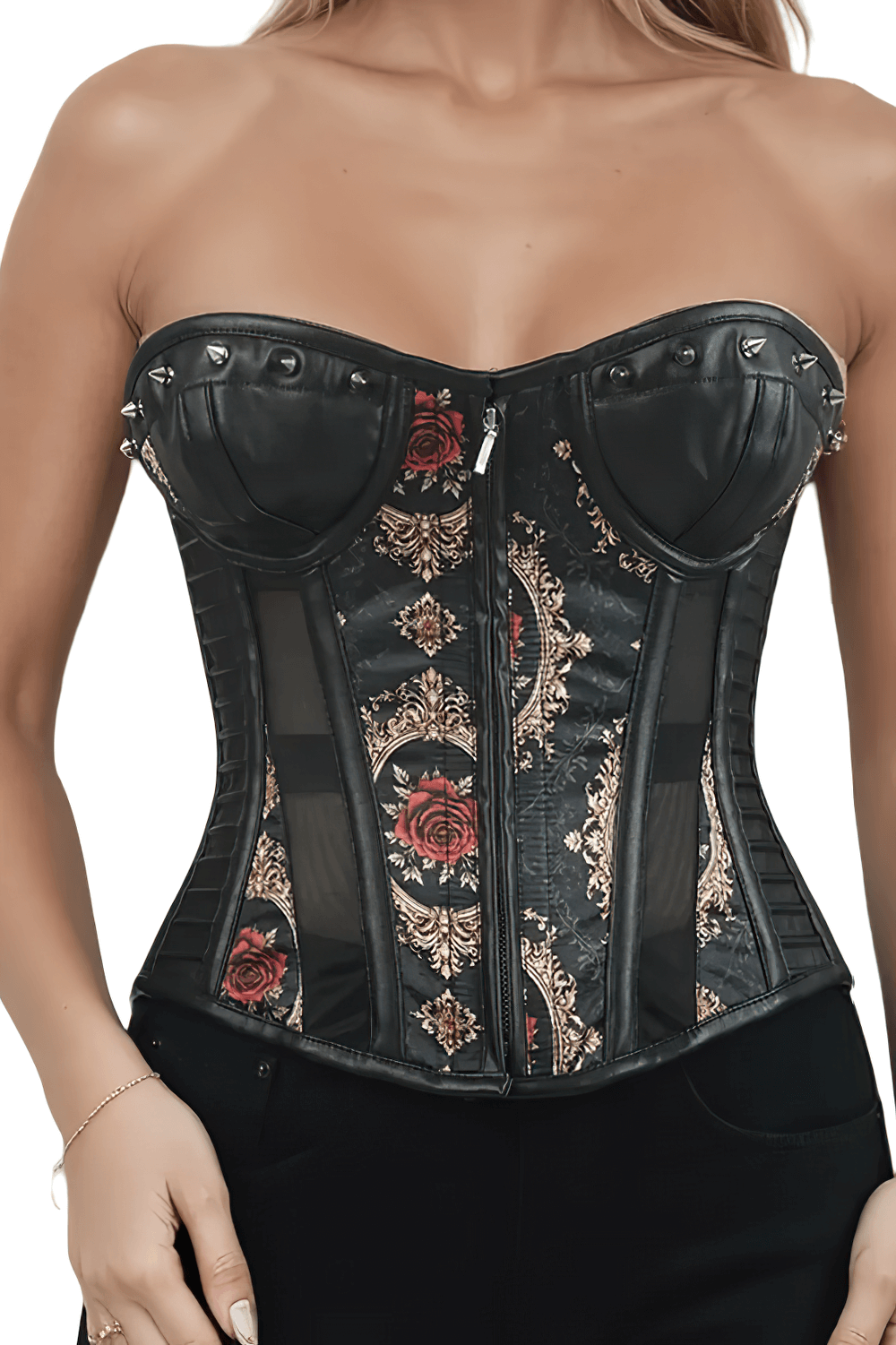 Baroque Red Rose Overbust Corset with Faux Leather Panels featuring bold gothic design, steel boning, and zipper closure.