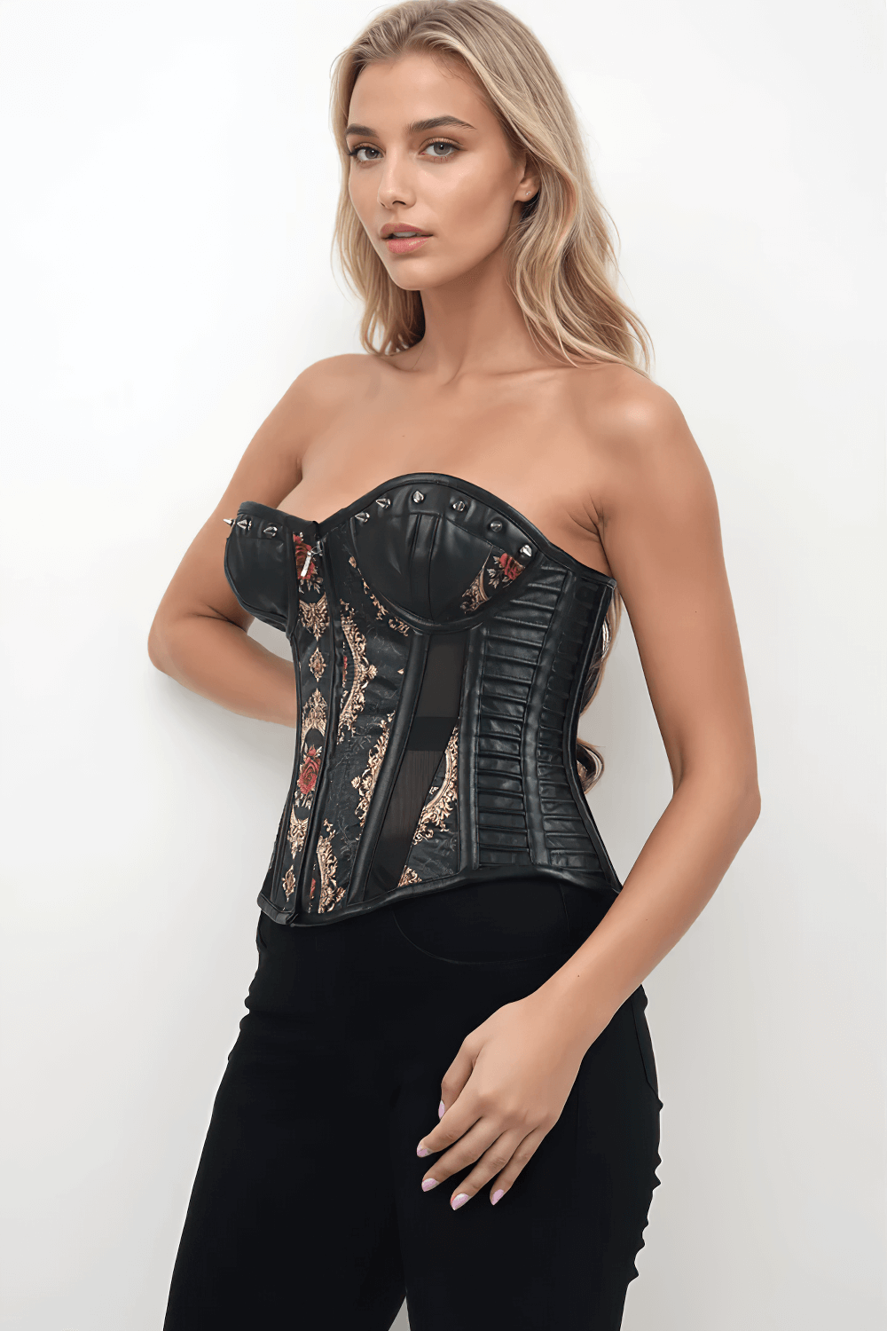 Baroque Red Rose Overbust Corset with Faux Leather Panels showcased on a model, displaying its gothic elegance and detailed design.