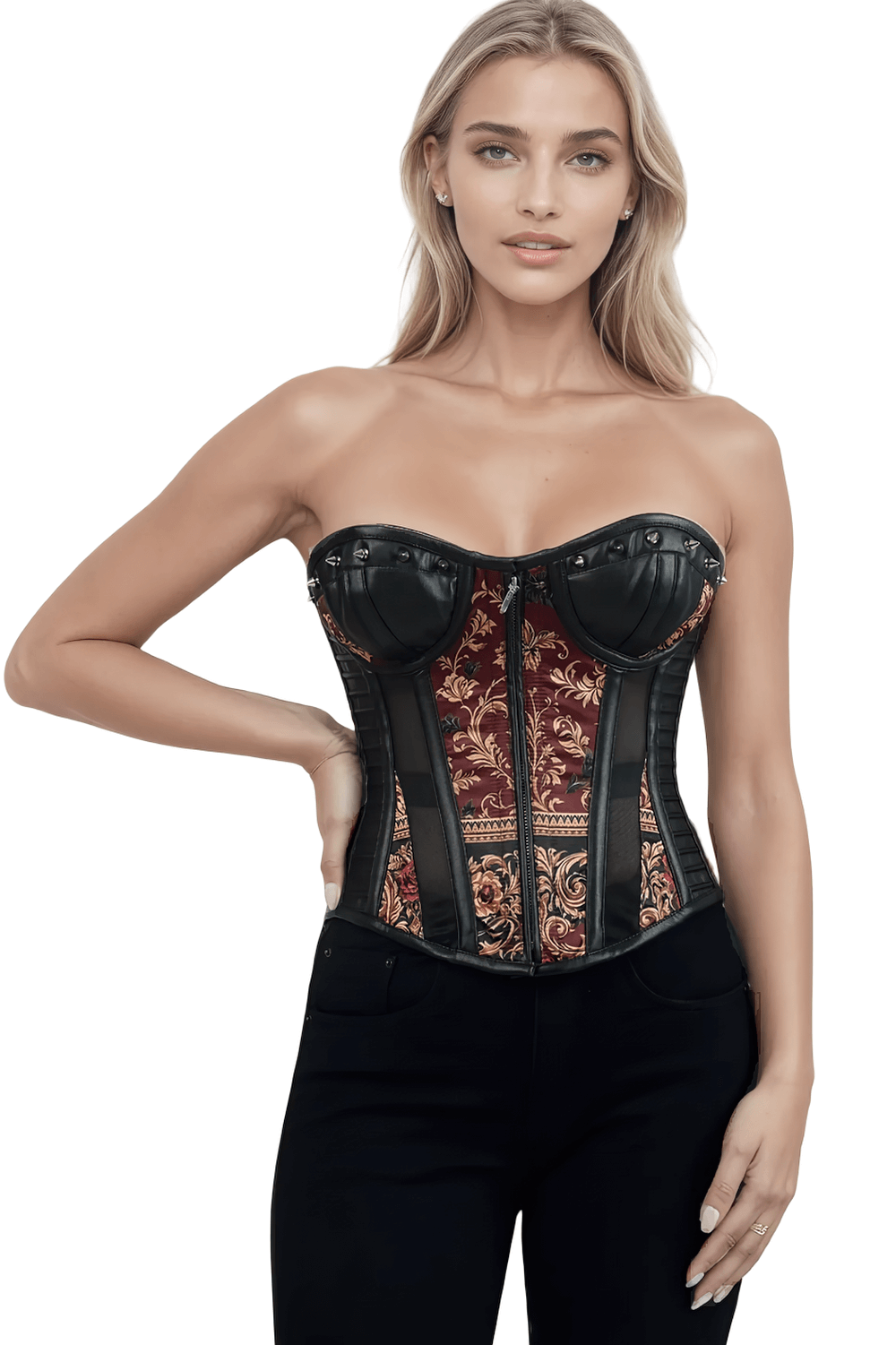 Baroque Reverence Overbust Corset with Mesh and Zip featuring gothic design and steel boning on model.
