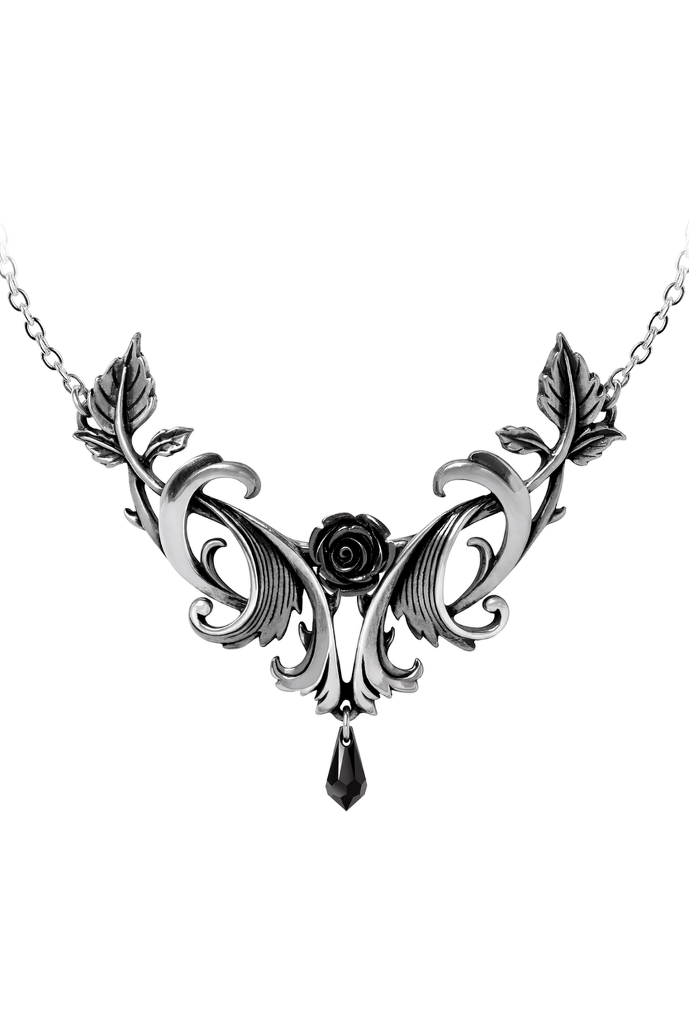 Elegant Baroque Rose Pendant with black Austrian crystal drop, crafted in fine English pewter.