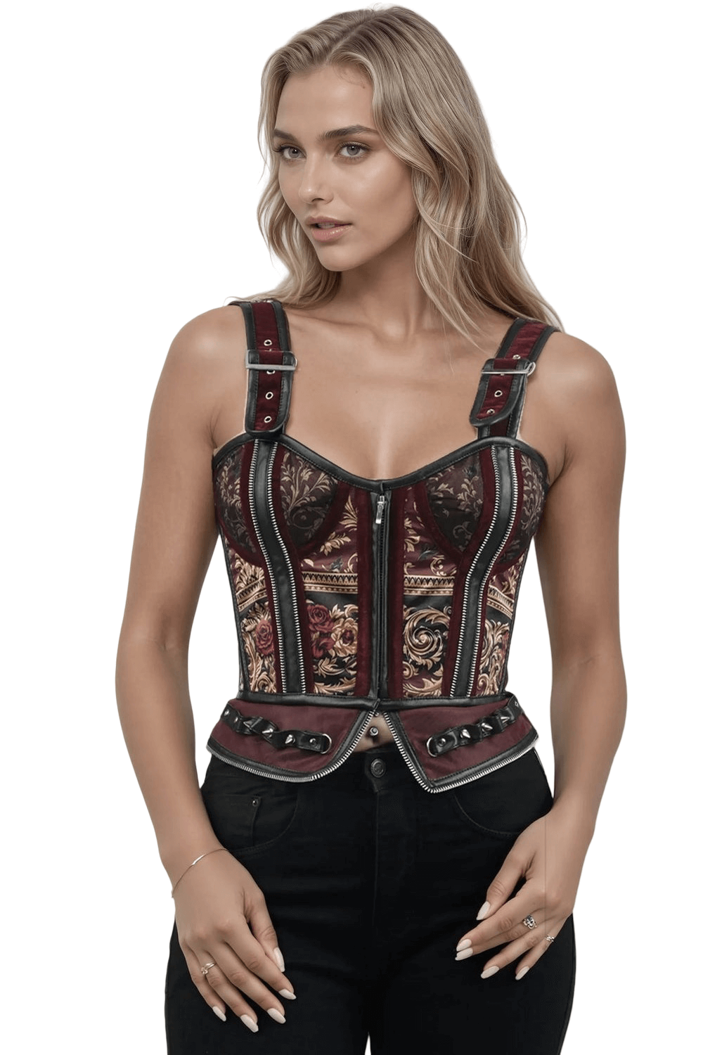 Baroque Scrolls and Floral Gothic Overbust Corset featuring intricate designs and adjustable straps.