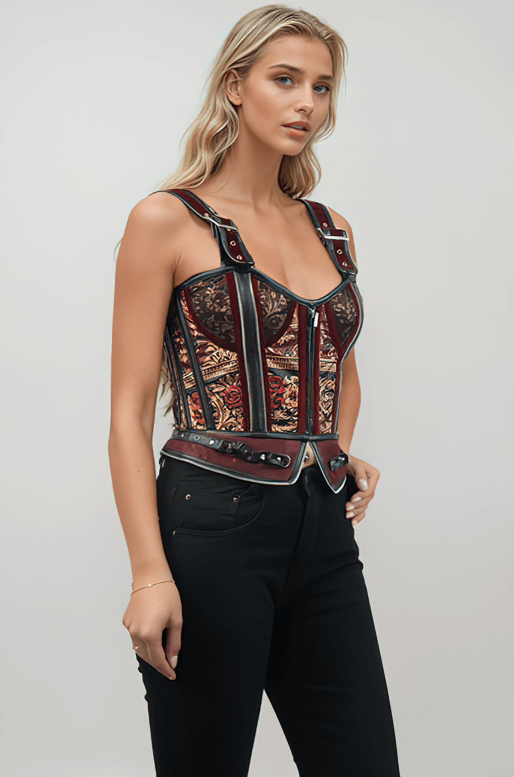 Baroque Scrolls and Floral Gothic Overbust Corset showcasing intricate designs and adjustable straps on a model.