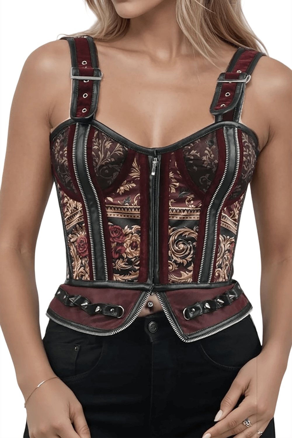 Baroque Scrolls and Floral Gothic Overbust Corset featuring satin, velvet, and gothic floral designs.