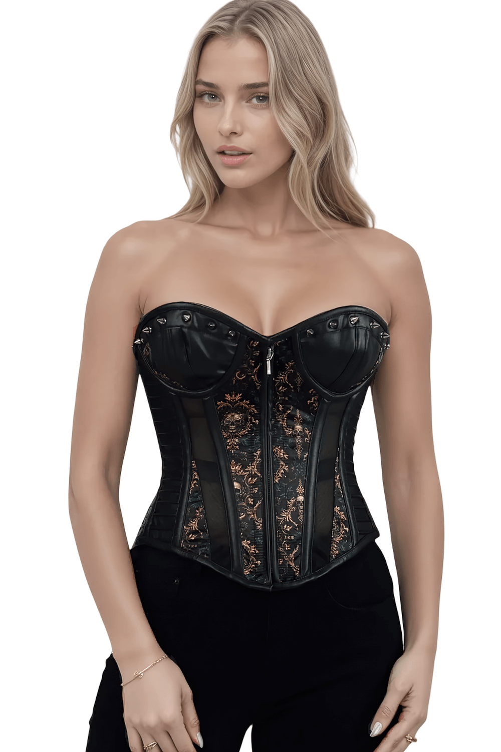 Baroque Skull and Rose Overbust Corset with Mesh Panels worn by a model, featuring black and bronze brocade and faux leather.