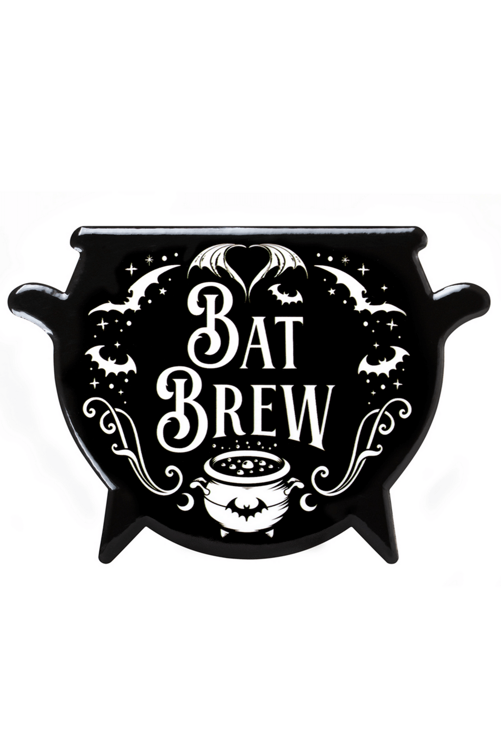 Black ceramic cauldron coaster featuring 'Bat Brew' text and gothic designs for spooky home decor.