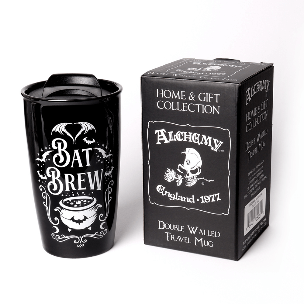 Bat Brew double walled ceramic travel mug with lid and gothic design, part of Alchemy Home and Gift Collection.