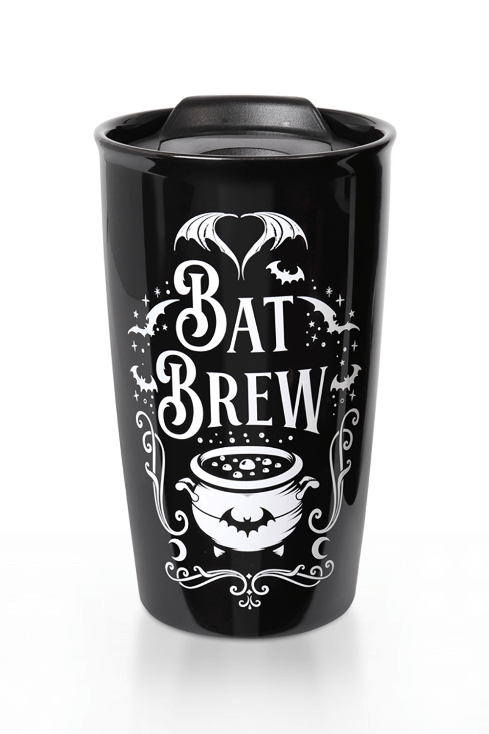 Bat Brew double-walled travel ceramic mug with gothic design, featuring bats and cauldron graphics.