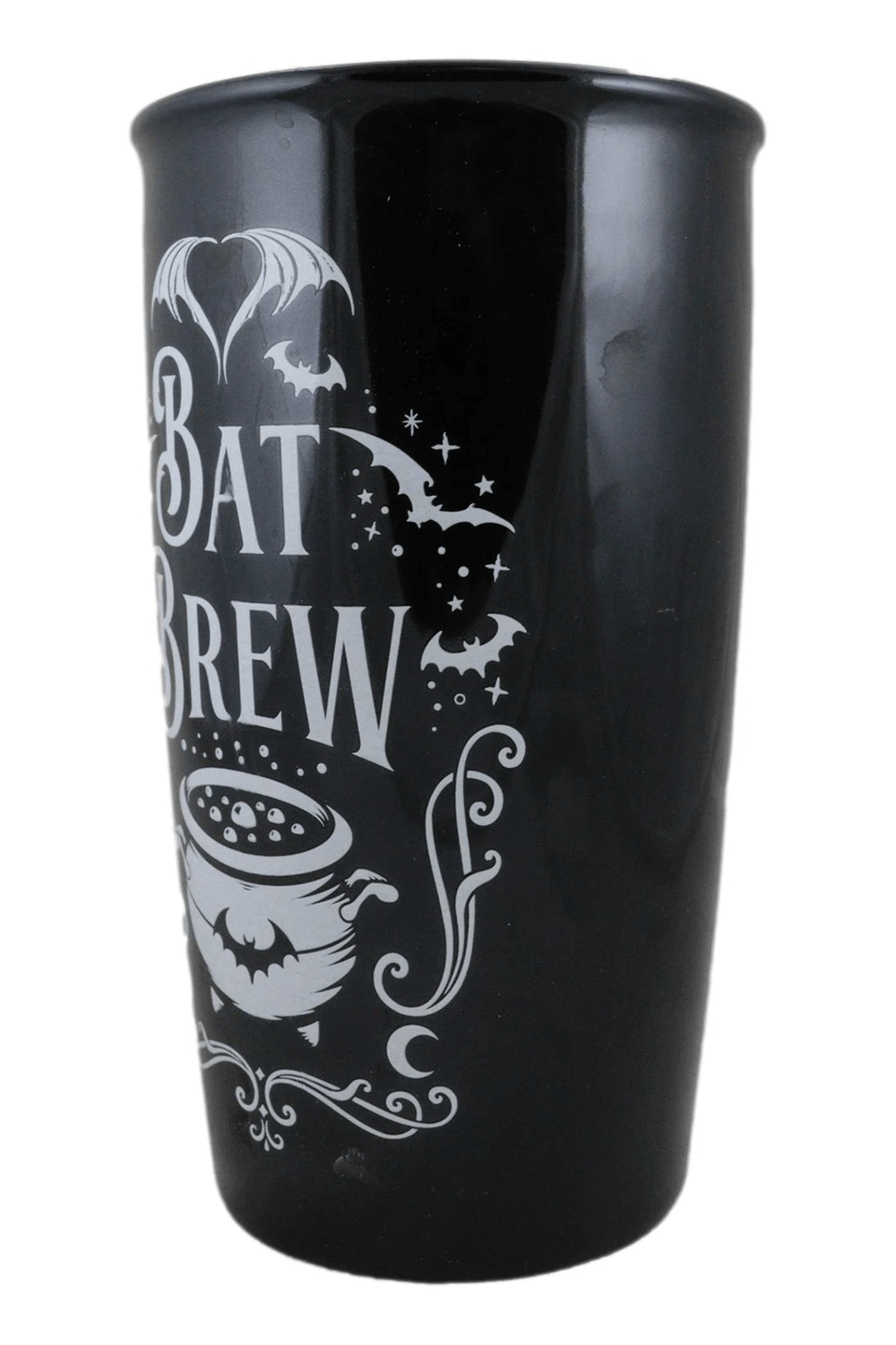 Gothic Bat Brew double walled travel ceramic mug with cauldron design. Perfect for hot or cold drinks.