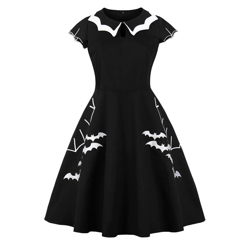Gothic black A-line dress with bat embroidery, perfect for Halloween celebrations with stylish cap sleeves.