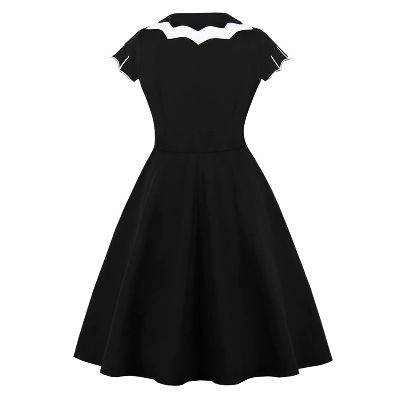 Gothic black A-line women's dress with white collar details, perfect for Halloween costume or stylish occasions.