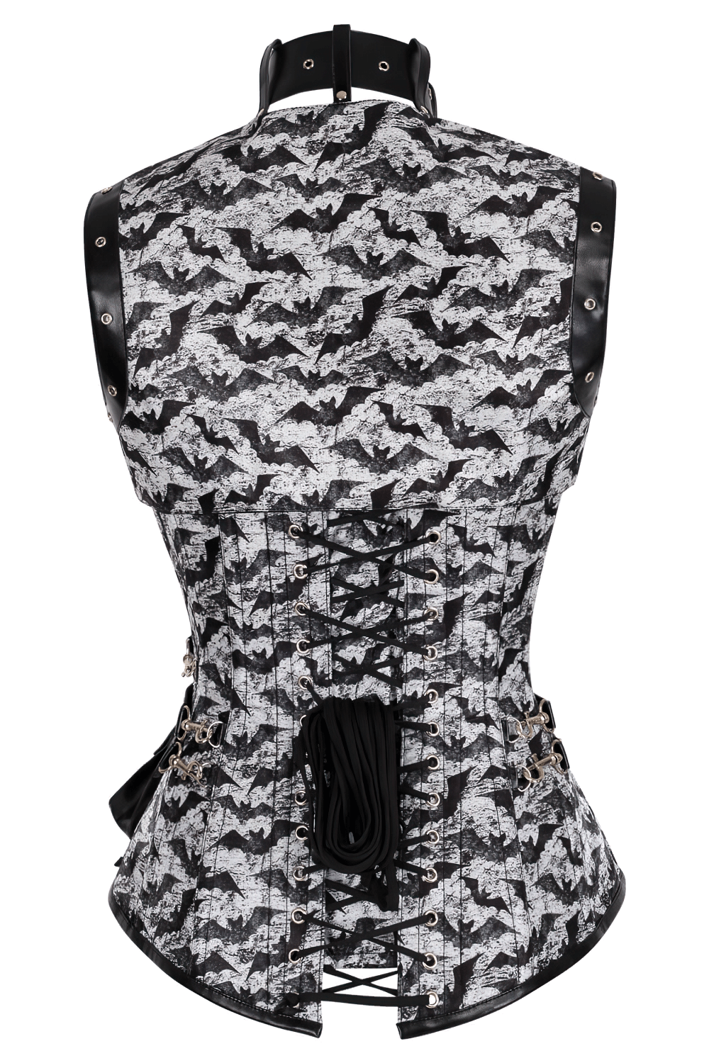 Alt Tag: Bat Print Steampunk Overbust Corset With Shrug back view, black gray bat print, lace-up steel boned gothic waist corset