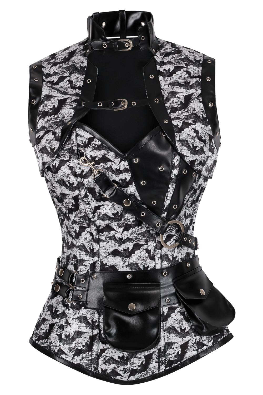 Bat Print Steampunk Overbust Corset With Shrug gothic steel boned lace-up overbust corset with bat print, faux leather panels, pouch belt