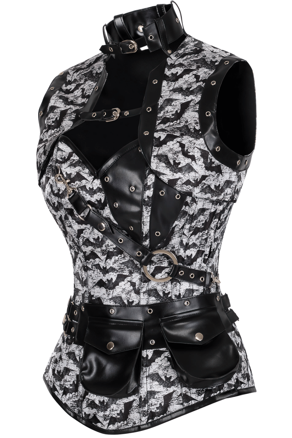 Alt Tag: Bat Print Steampunk Overbust Corset With Shrug black gray bat print steel boned lace-up back side zipper faux leather panels pouch belt