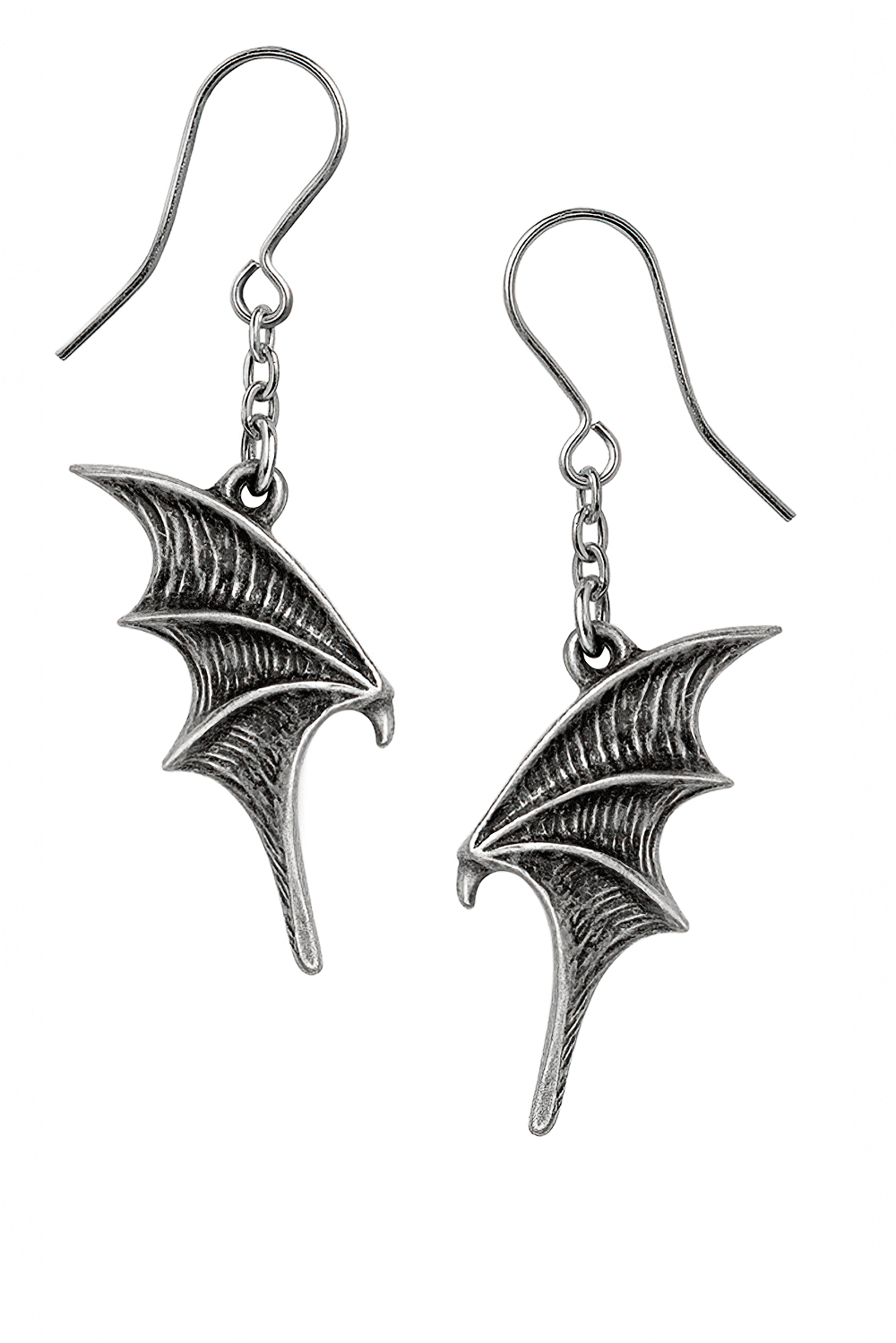 Intricately designed bat wing drop earrings in antiqued pewter for gothic elegance and charm.