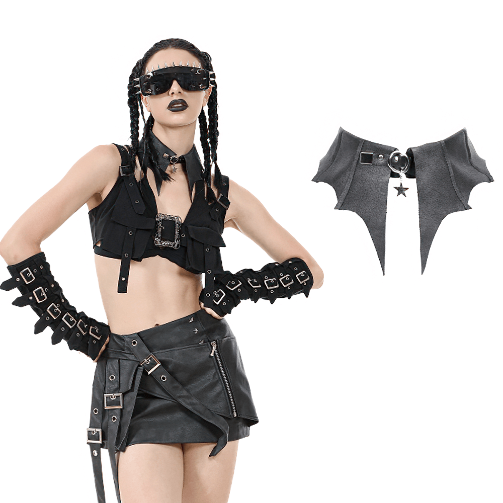 Alternative vampire style model wearing bat wing faux leather choker collar with star charm, showcasing edgy gothic fashion.