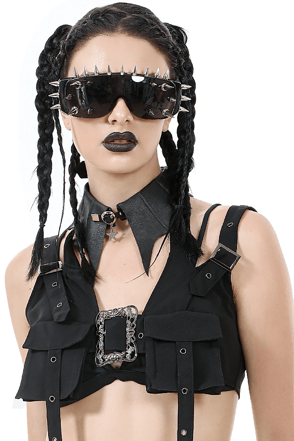 Gothic model showcasing spiked sunglasses and punk-inspired outfit with a dramatic collar.