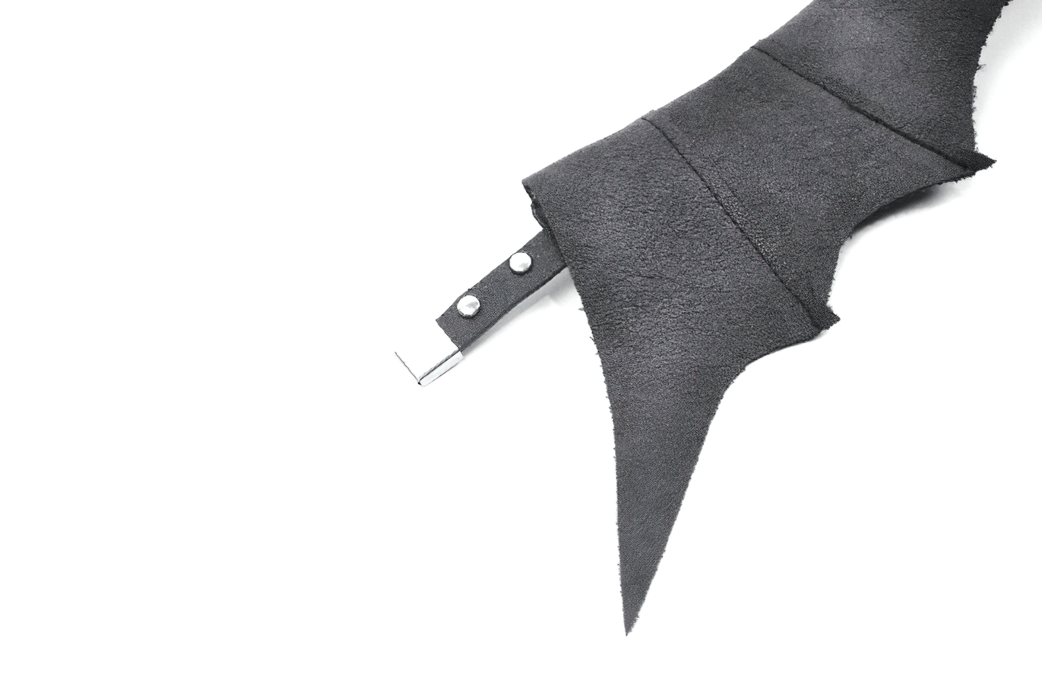 Black faux leather bat wing collar detail with pointed edges and metal snap closure for gothic style.