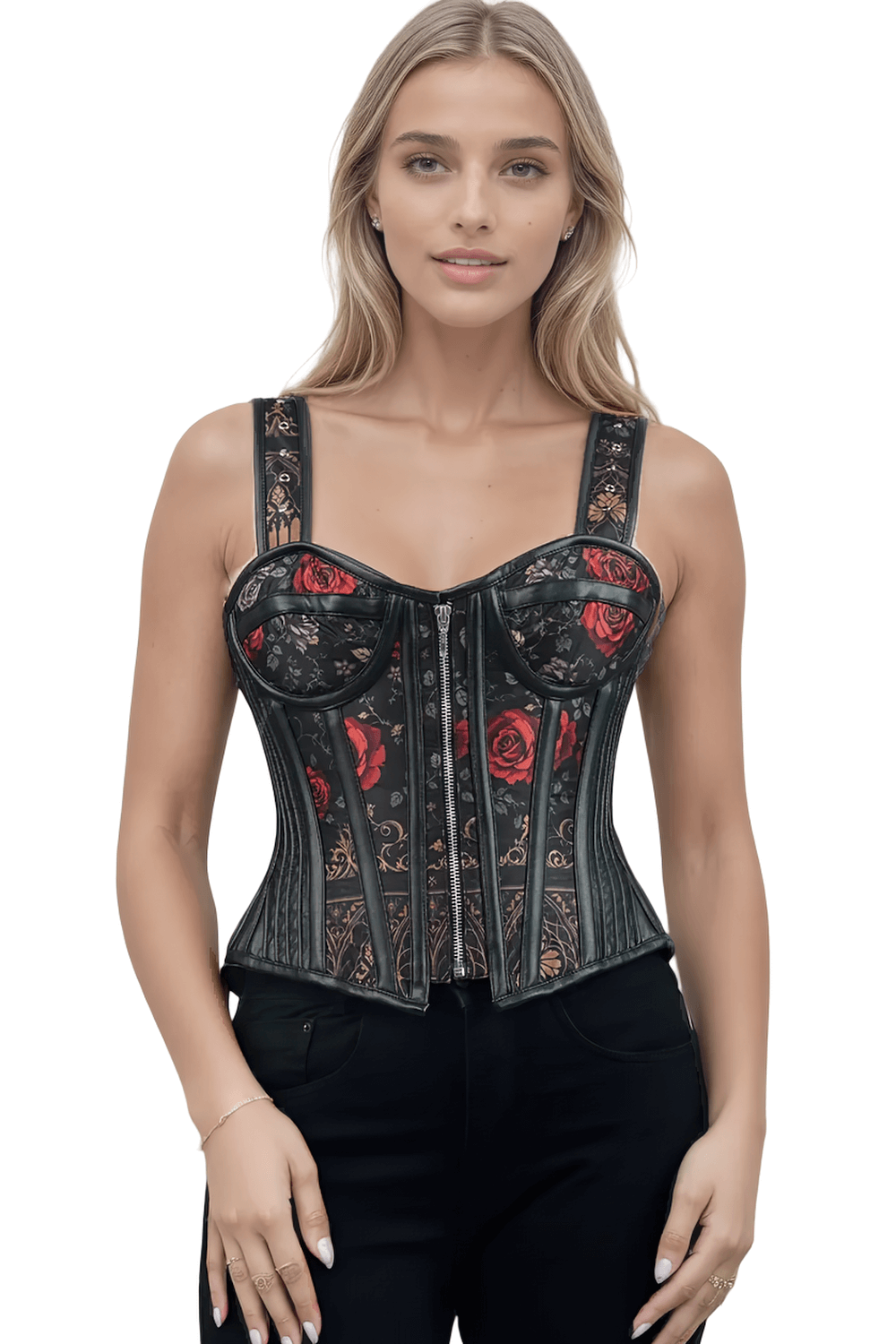 Baylee Red Rose and Baroque Print Overbust Corset showcasing a stunning red rose and baroque design with faux leather straps.
