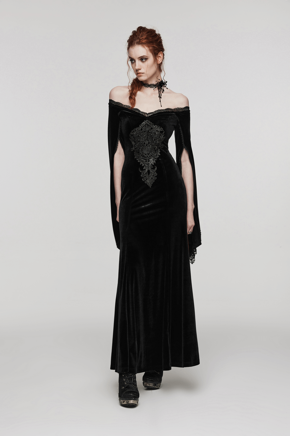 Gothic off-shoulder velvet dress with lace detailing, perfect for a dramatic and mysterious look.