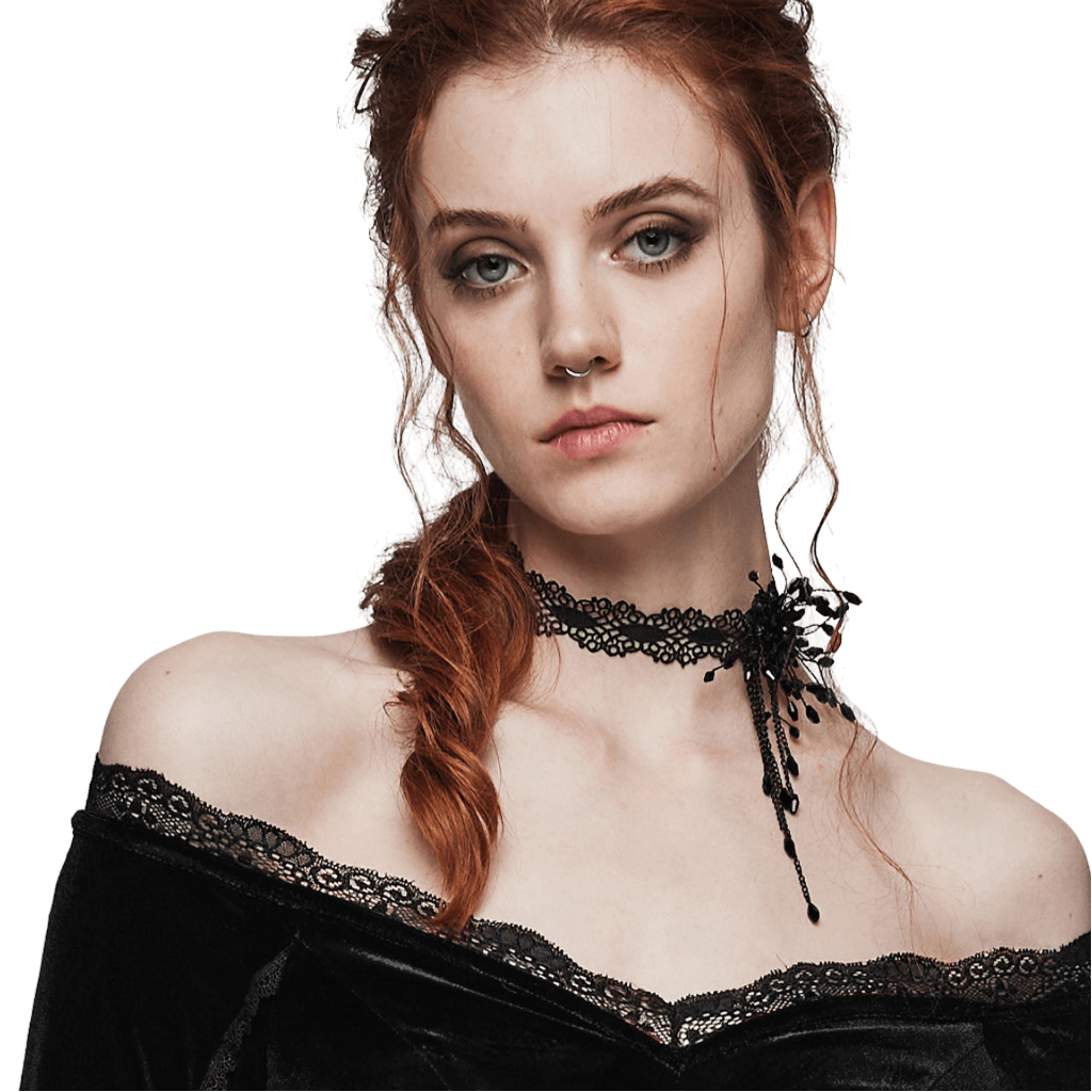 Gothic woman wearing a beaded spiderweb choker with blood drop details, exuding dark elegance.