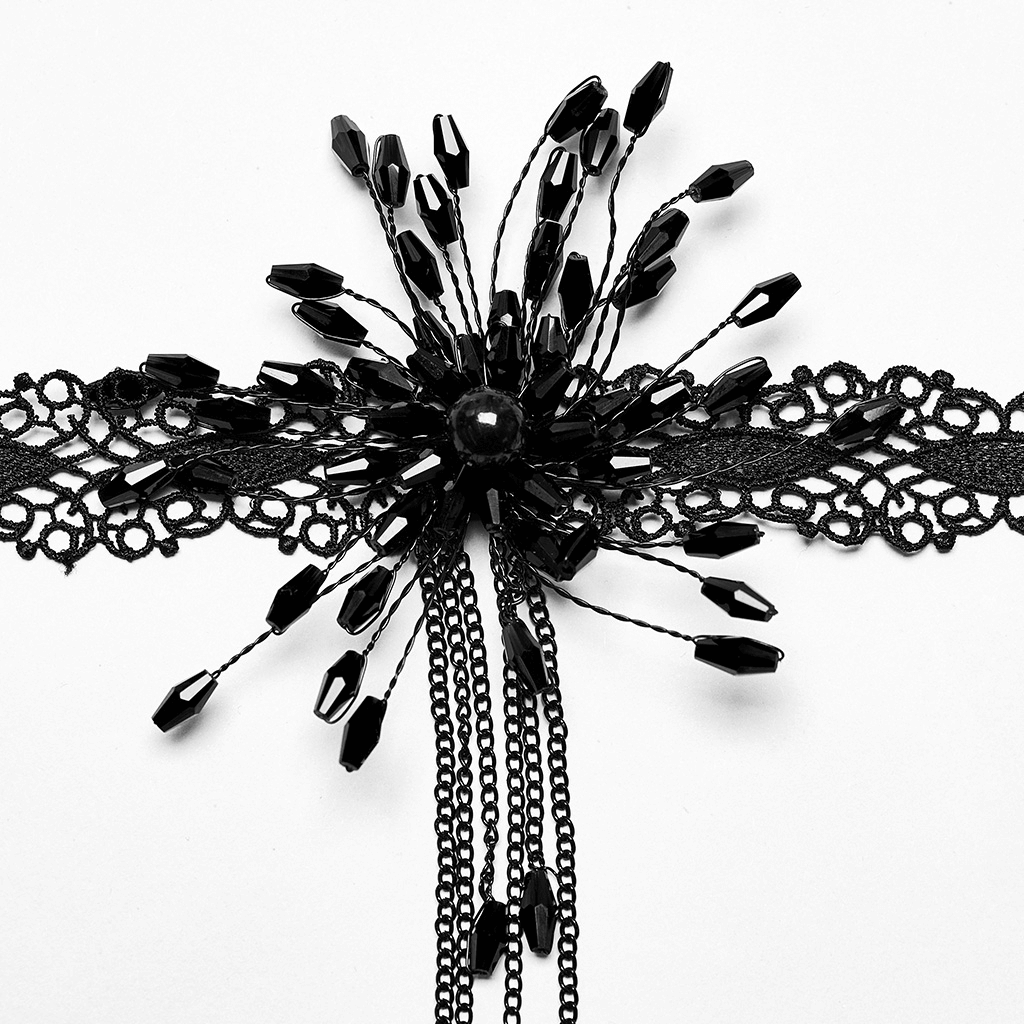 Goth beaded spiderweb choker with blood drop details in black lace and striking design.