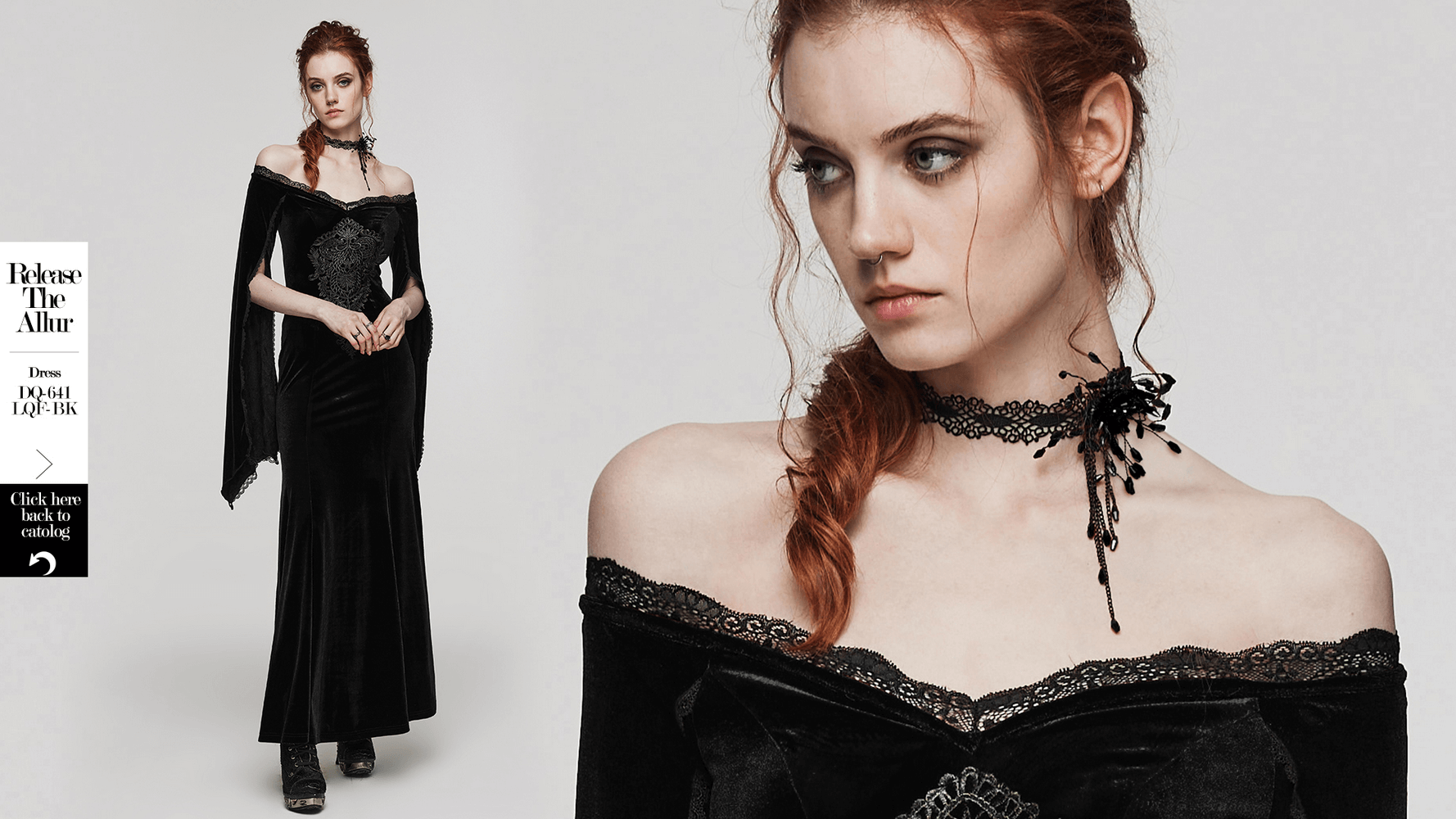 Model showcasing a gothic velvet gown paired with a beaded spiderweb choker featuring blood drop accents.