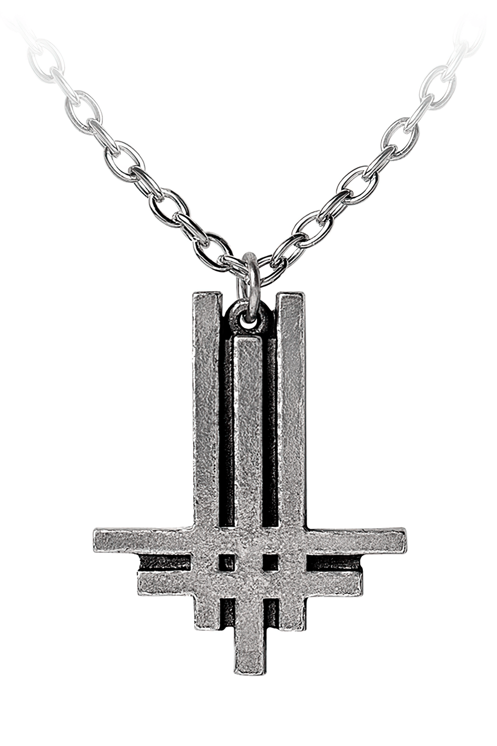 Behemoth inverted triple Truimviratus cross pendant in pewter on a 21" chain, symbolizing metal heritage and dark power.