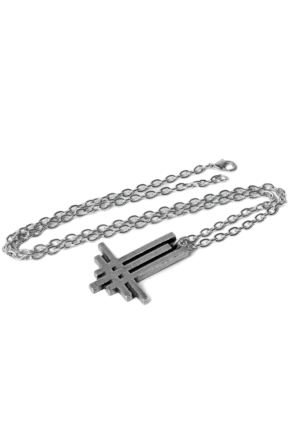 Behemoth inverted triple Truimviratus cross pendant in pewter with a 21" chain, symbolizing dark power and metal heritage.