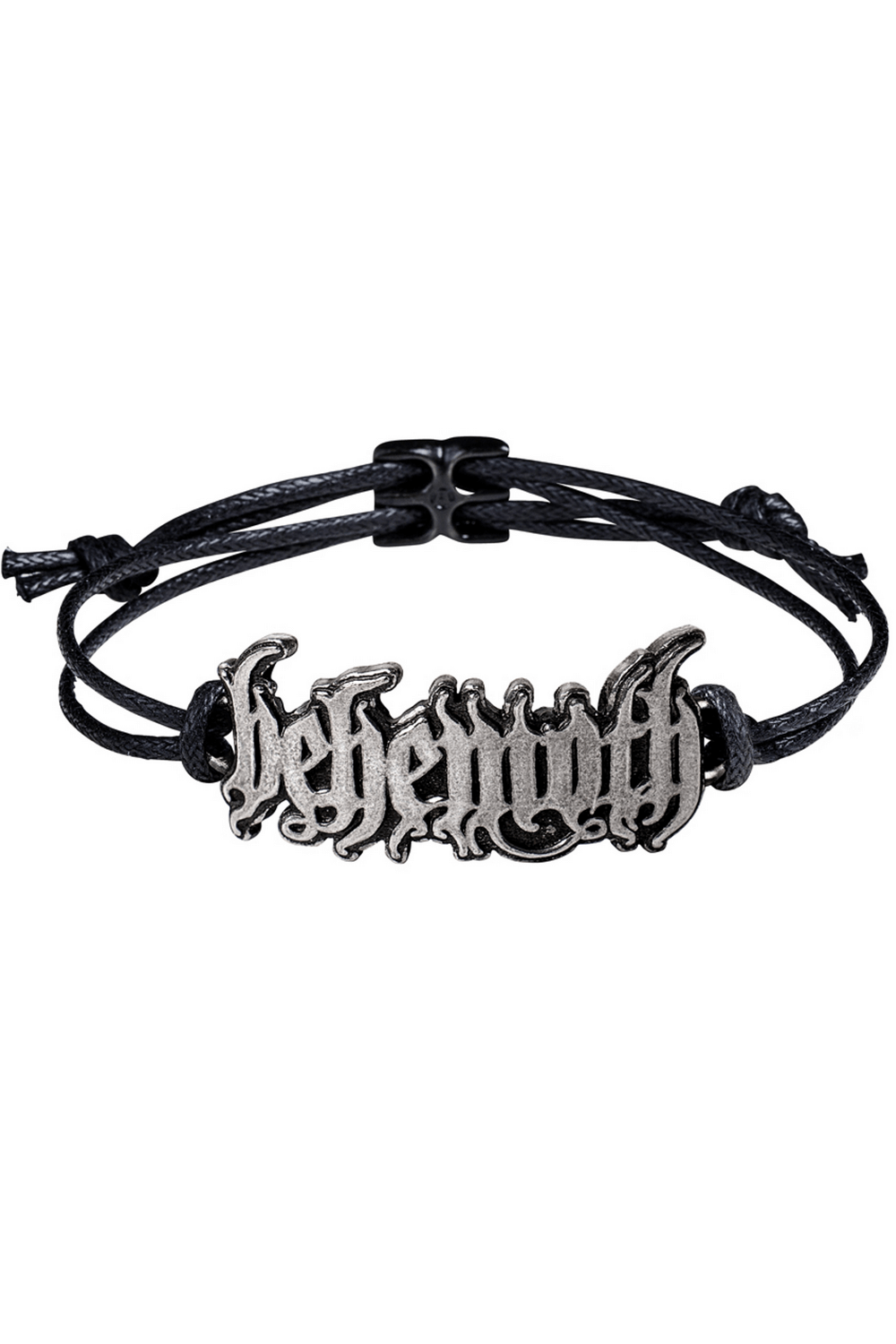 Behemoth logo bracelet on black waxed cord, featuring 3D sculpted pewter detail, adjustable up to 10 inches.