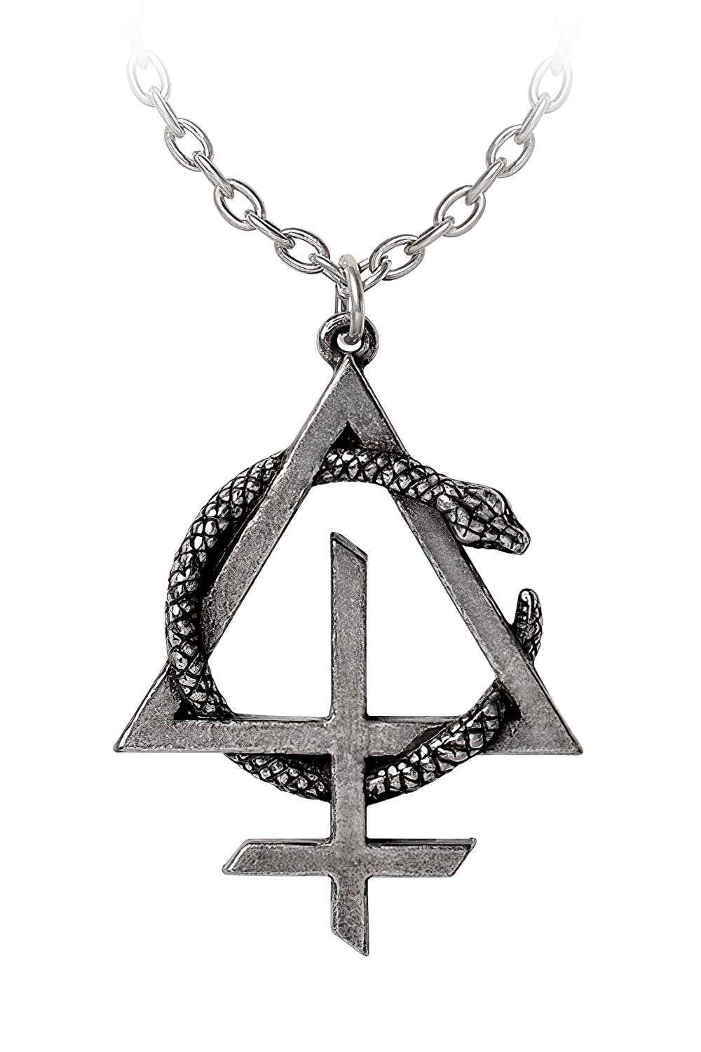 Behemoth snake sigil pendant from 'Opvs Contra Natvram', crafted in antiqued English pewter on a chain.