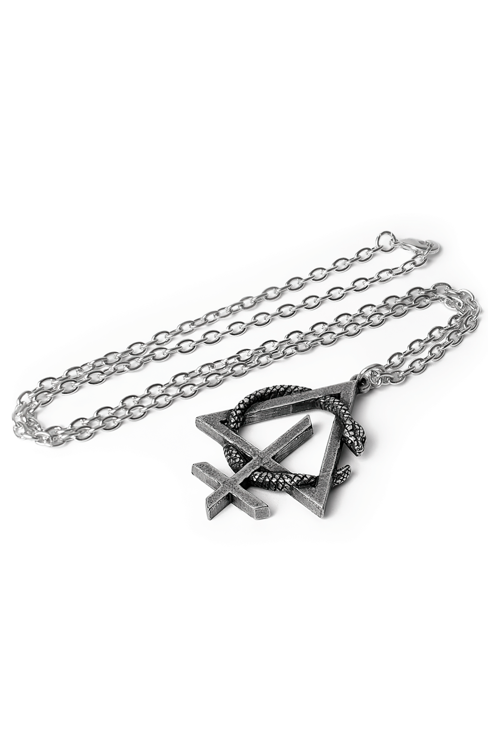 Behemoth Opvs Contra Natvram snake symbol pendant on a silver chain, crafted from antiqued pewter.