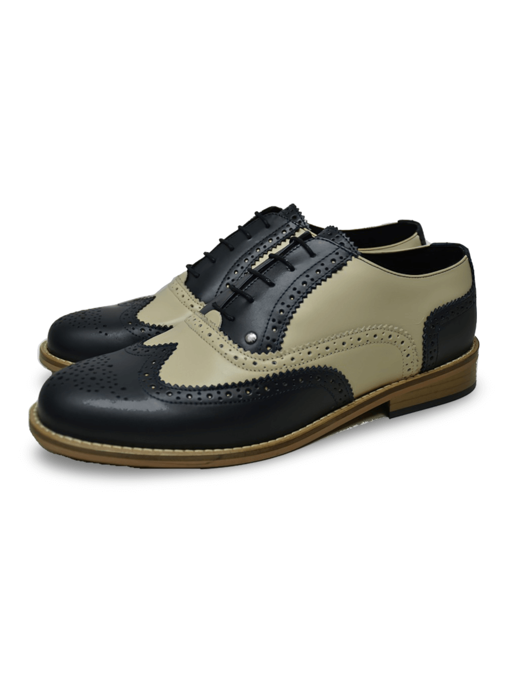 Beige And Navy Blue Grained Leather Derby Shoes With Lace-Up