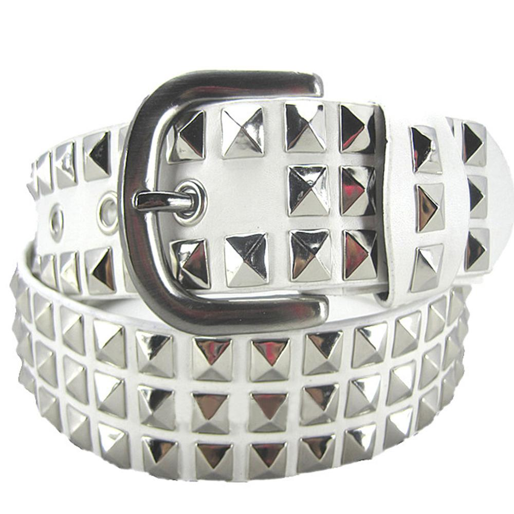 Gothic white belt with big metal rivets, perfect for rock style fashion for men and women.