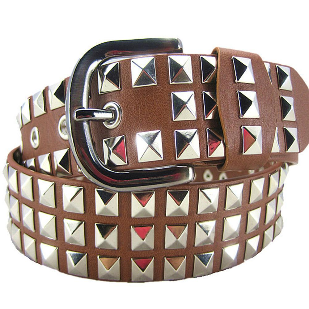 Gothic Big Metal Rivet Belt for Men and Women in Brown, featuring unique spikes and rivets for a rock style look.