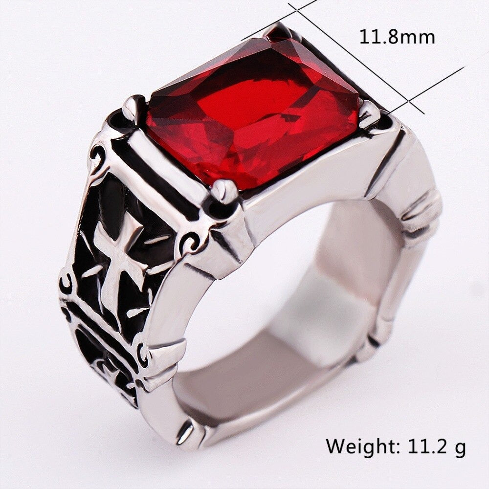 Biker 316L stainless steel ring featuring a large red CZ zircon for a rock-style aesthetic.