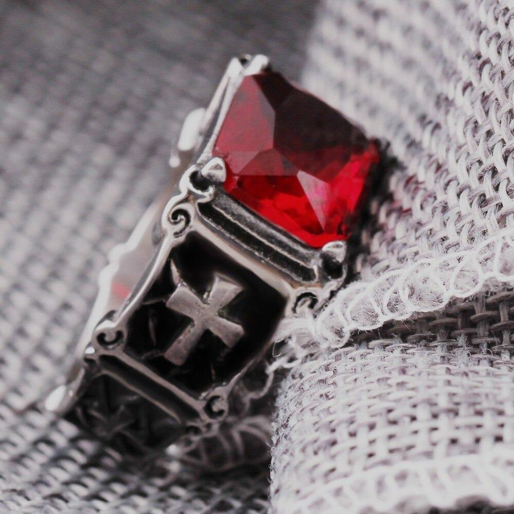 Biker 316L stainless steel ring featuring a large red CZ zircon in a rock style design.