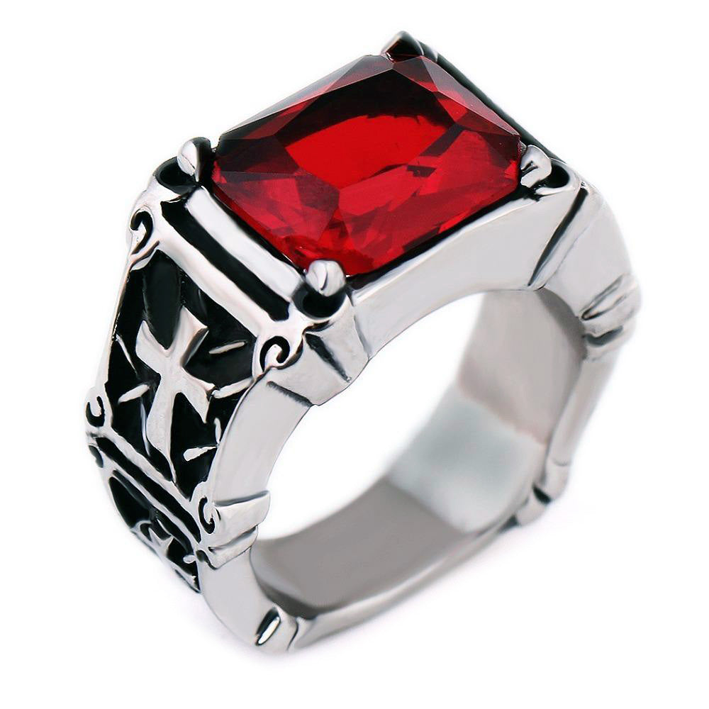 Biker 316L stainless steel ring featuring a striking big red CZ zircon, perfect for rock style aesthetics.
